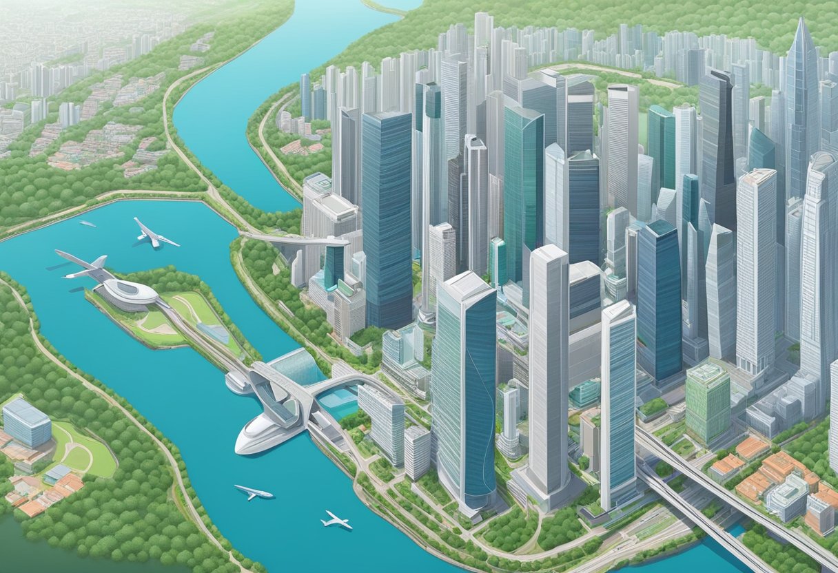 A plane flies over the cityscape from Singapore to Taipei. Skyscrapers, parks, and rivers are visible below