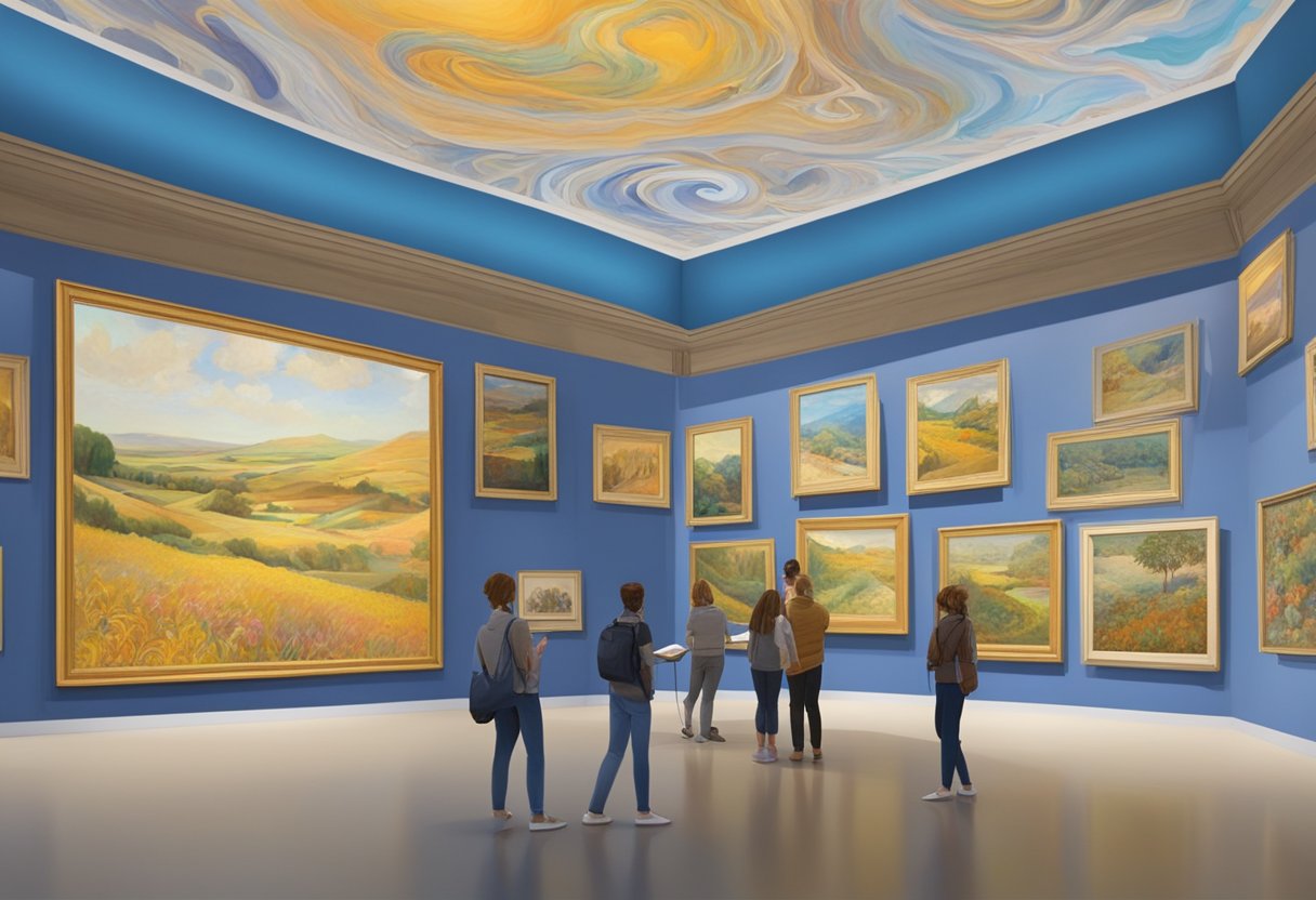 The exhibition hall is filled with vibrant, swirling paintings. Visitors read informational panels and listen to a recorded guide