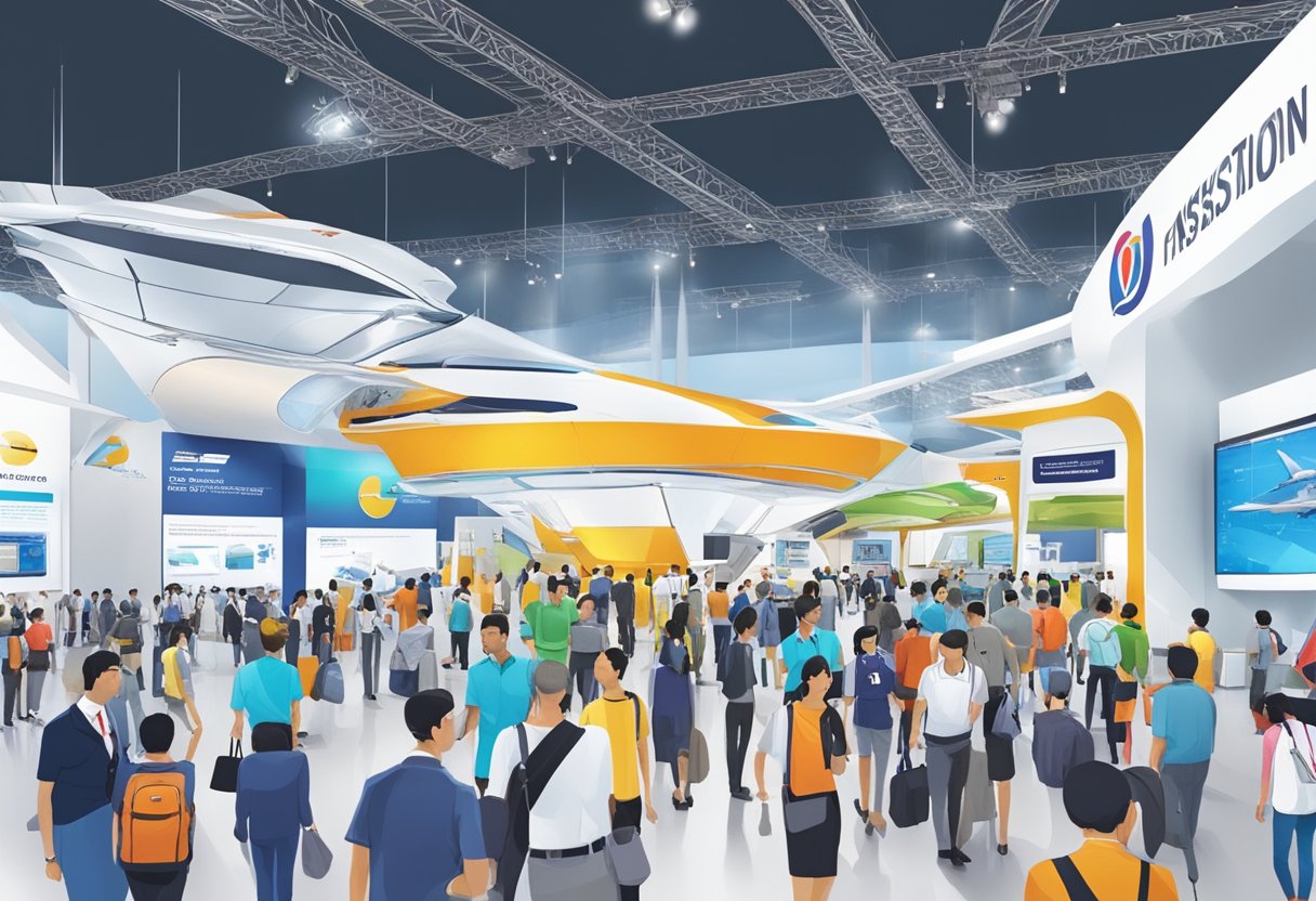 A bustling exhibition hall with colorful booths and interactive displays, showcasing the latest in aviation technology and innovation at the Singapore Airshow