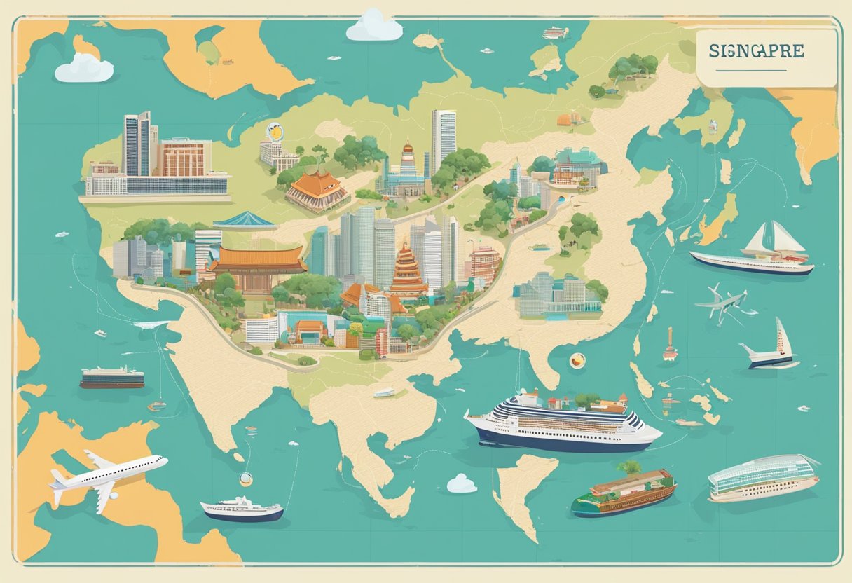 A map of Singapore and Taipei with a dotted line connecting the two cities, surrounded by travel essentials like a passport, plane tickets, and a suitcase