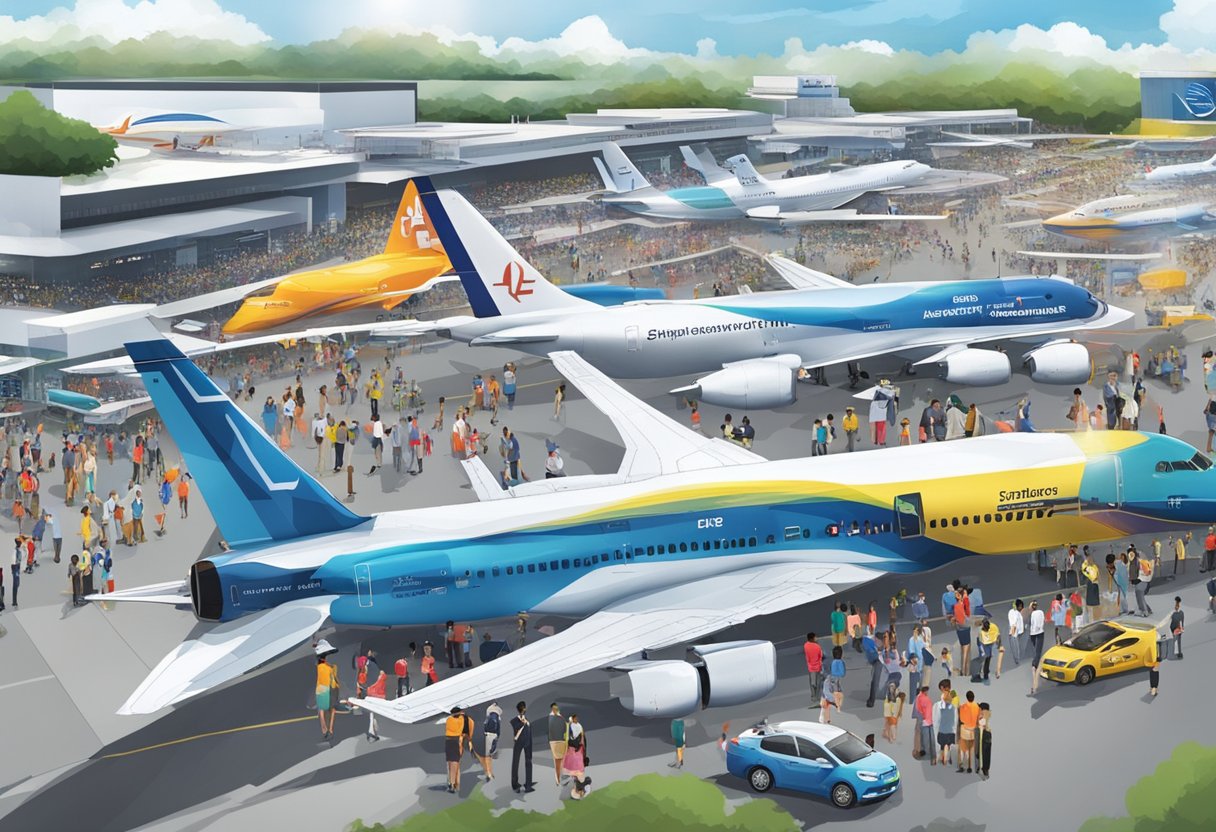 The bustling Singapore Airshow, filled with curious attendees and buzzing aircraft, showcasing the latest technologies and innovations in aviation