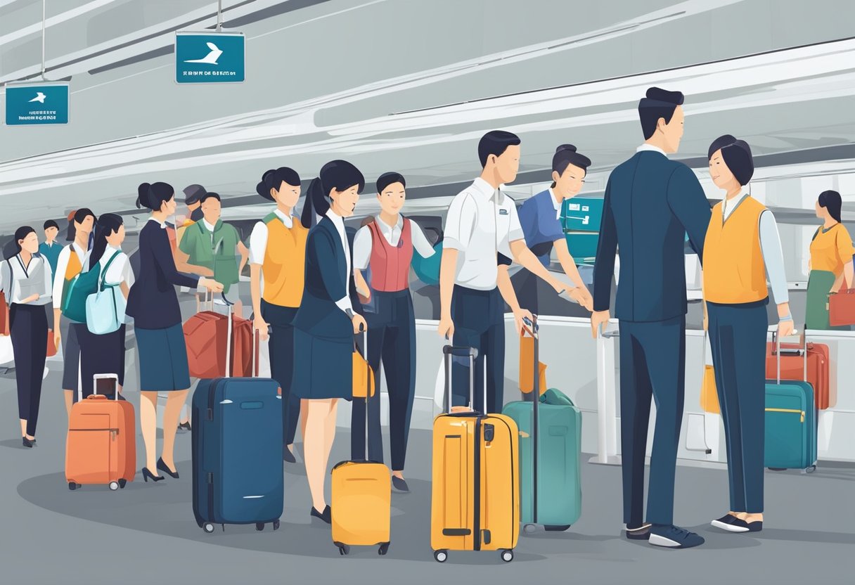 Passengers boarding plane from Singapore to Taipei. Airport staff assisting with luggage. Signs in English and Mandarin. Busy atmosphere