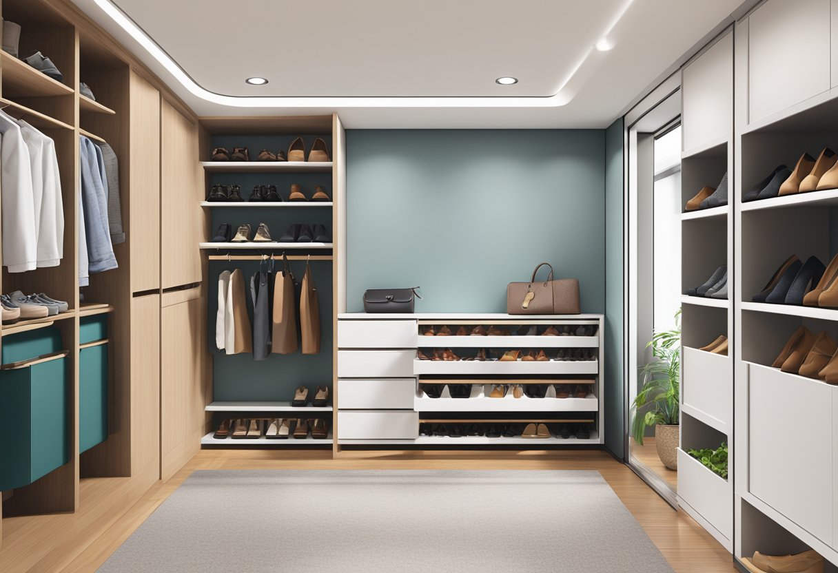 A sleek shoe cabinet in a modern Singaporean home, neatly organized with various pairs of shoes inside