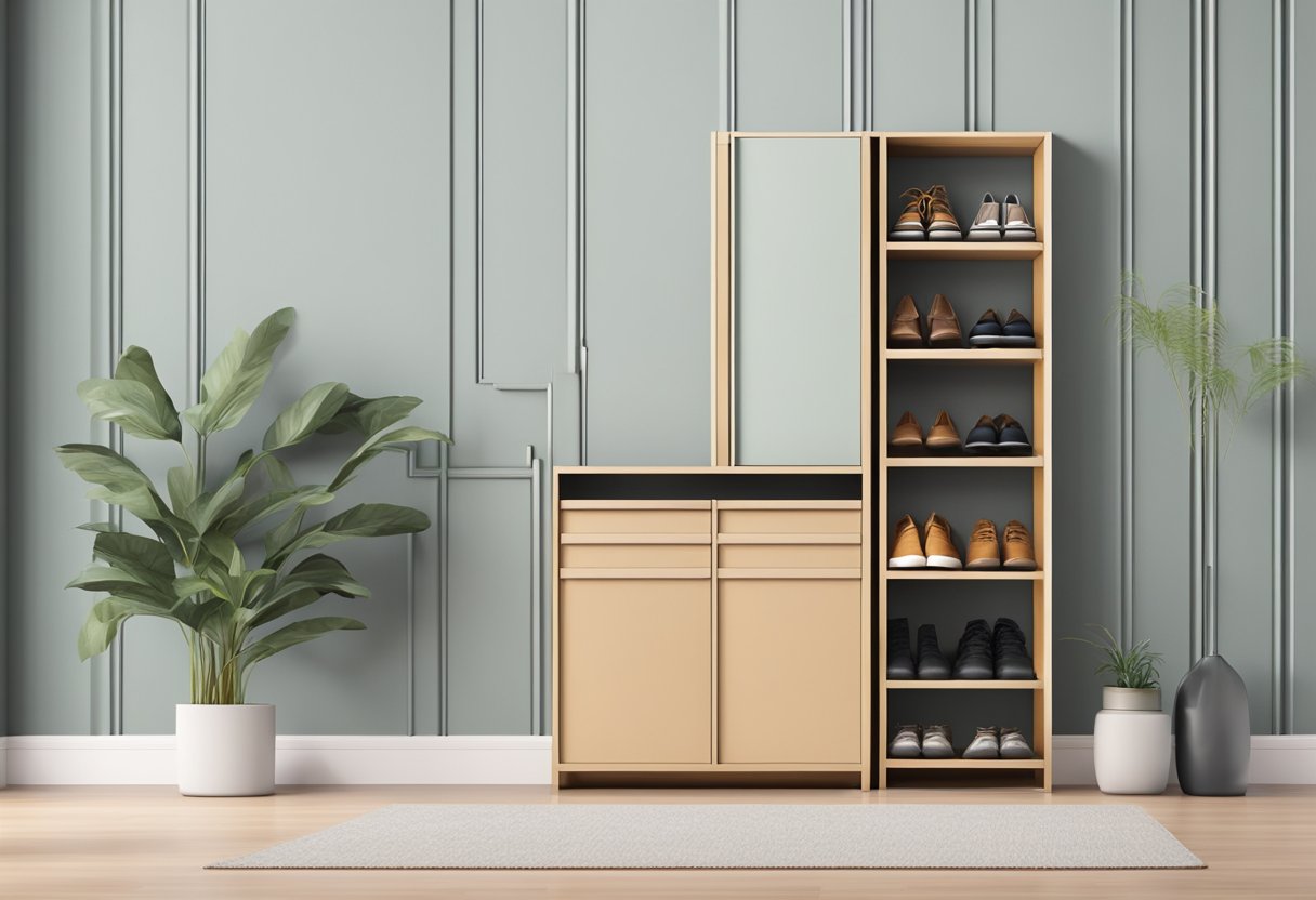 A shoe cabinet stands against a wall, neatly organizing various pairs of shoes. The cabinet is sleek and modern, fitting seamlessly into the home decor