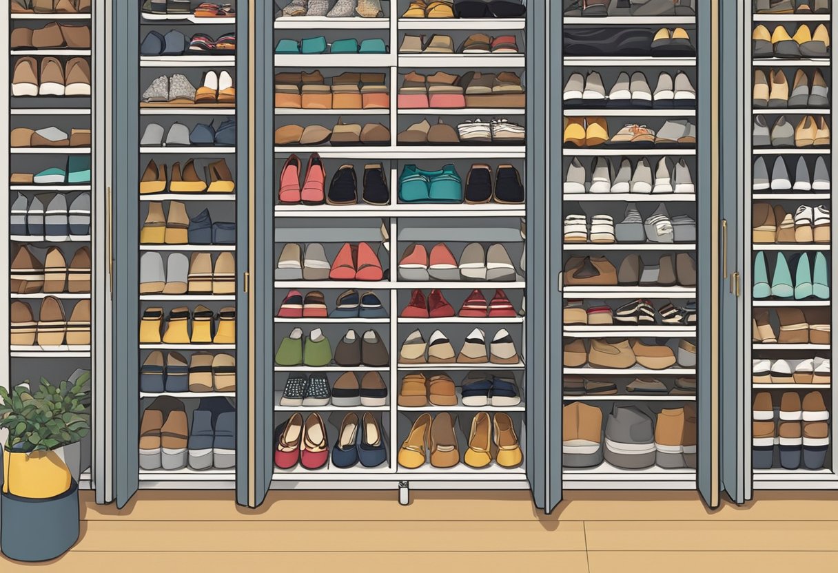 A shoe cabinet in Singapore, neatly organized with various pairs of shoes arranged by type and color, creating a visually appealing and functional storage solution