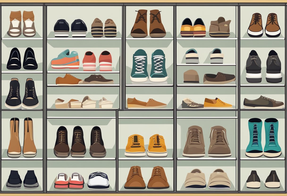 A neatly organized shoe cabinet with various compartments and labels, showcasing the different types and styles of shoes neatly arranged
