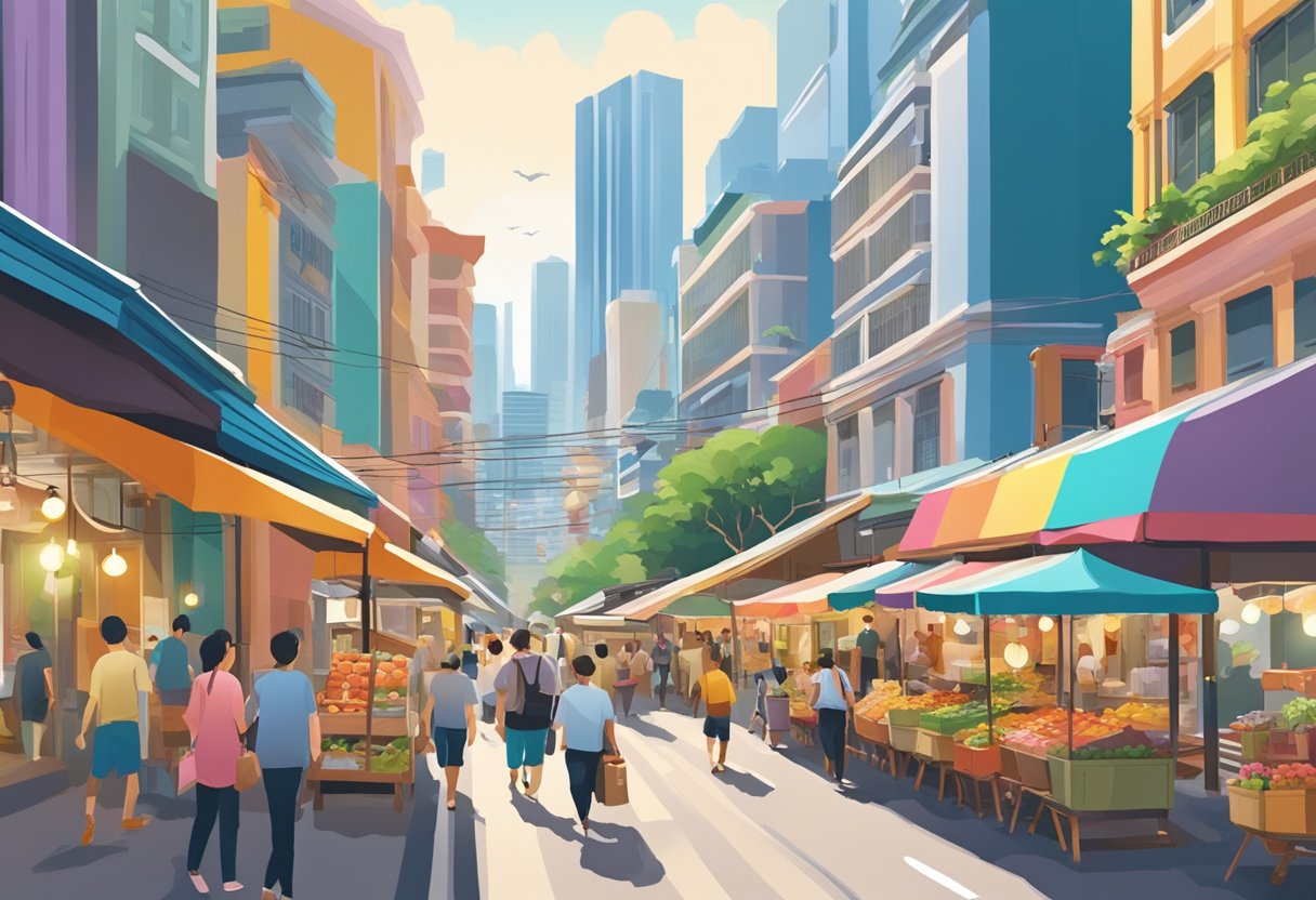 A bustling street in Singapore, with colorful buildings and bustling markets