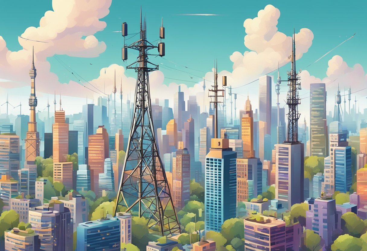 A bustling cityscape with iconic buildings and landmarks, surrounded by modern skyscrapers. Radio towers and antennas dot the skyline, broadcasting music and news across the city