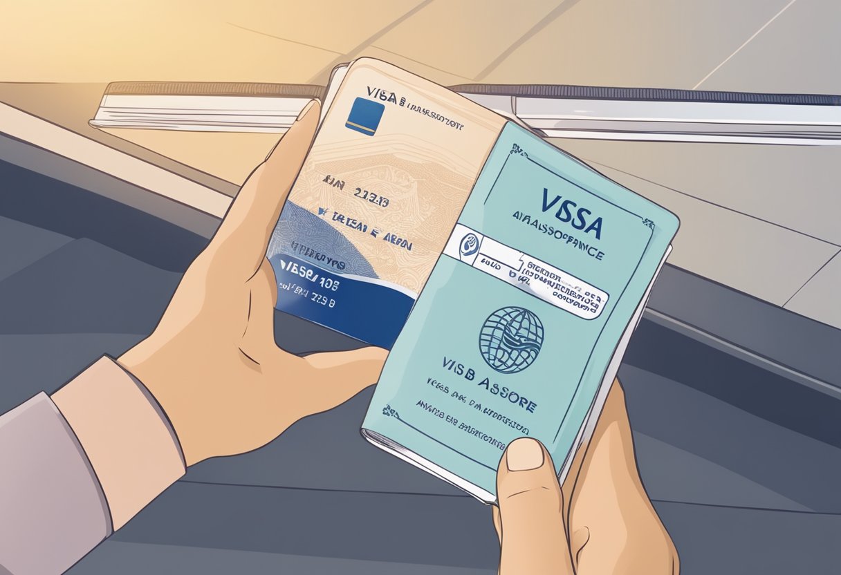 A hand holding a Singaporean passport with a visa stamp, next to a sign that reads "Visa and Passport Assistance BLS Singapore."