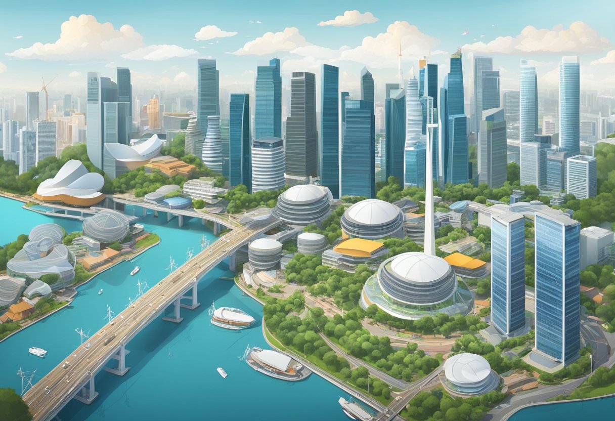 Aerial view of Singapore with various radio towers and antennas broadcasting signals across the cityscape