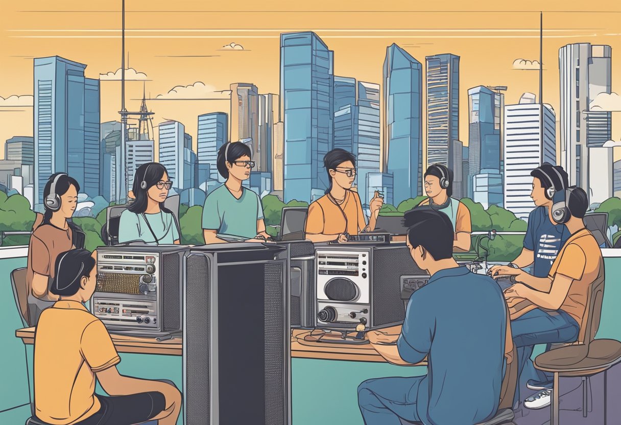 People tuning into Singapore radio stations. Radios on, music playing, and people listening intently. City skyline in the background