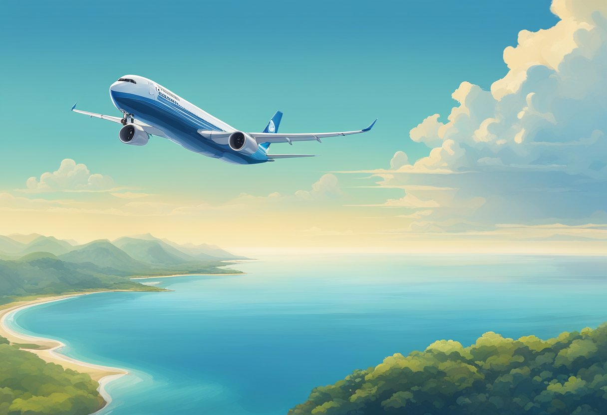 A plane flies over the vast expanse of the ocean from Singapore to New Zealand. The clear blue sky and calm waters below create a serene and peaceful scene