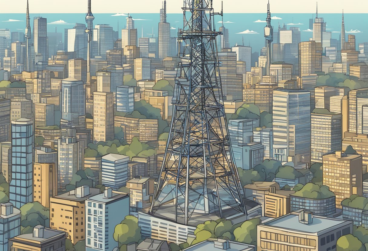 A radio tower surrounded by city skyline, with various antennas and satellite dishes. Text "Frequently Asked Questions" displayed on a digital screen