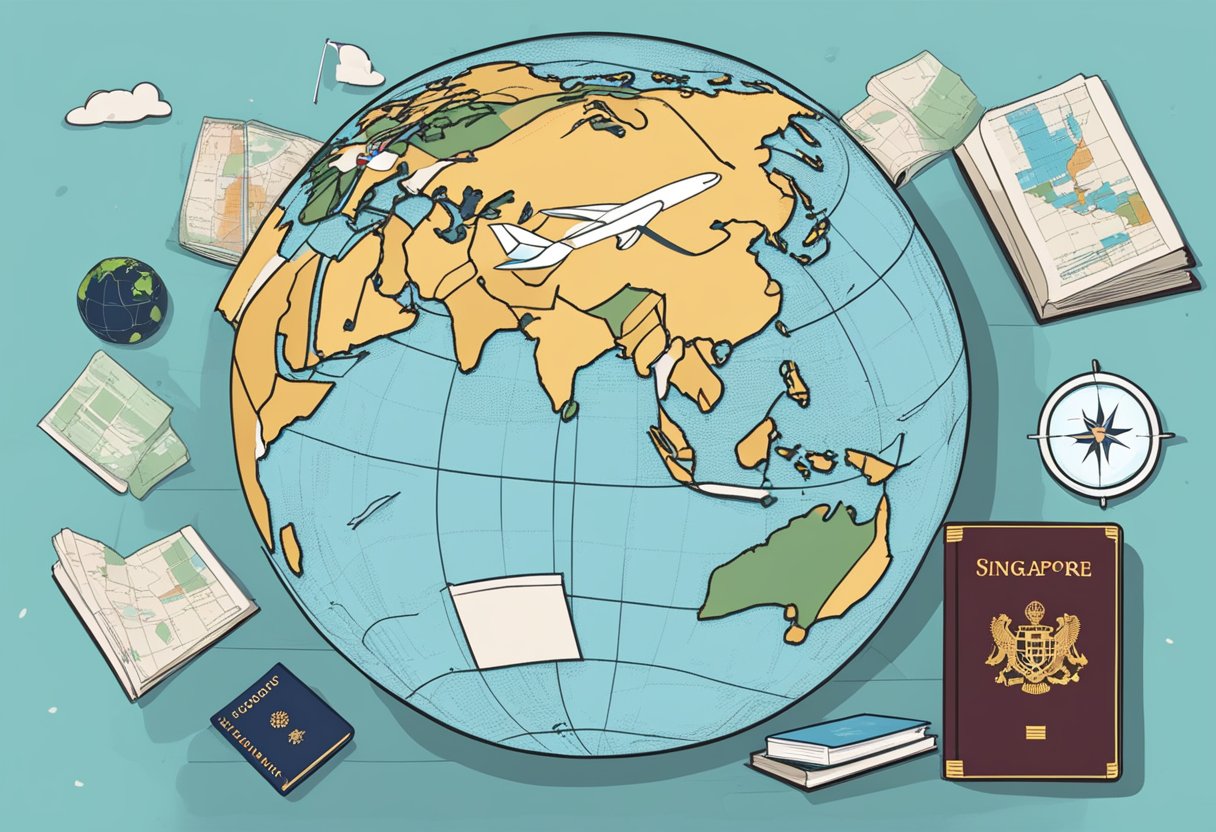 A globe with a dotted line from Singapore to New Zealand, surrounded by travel guides and a passport