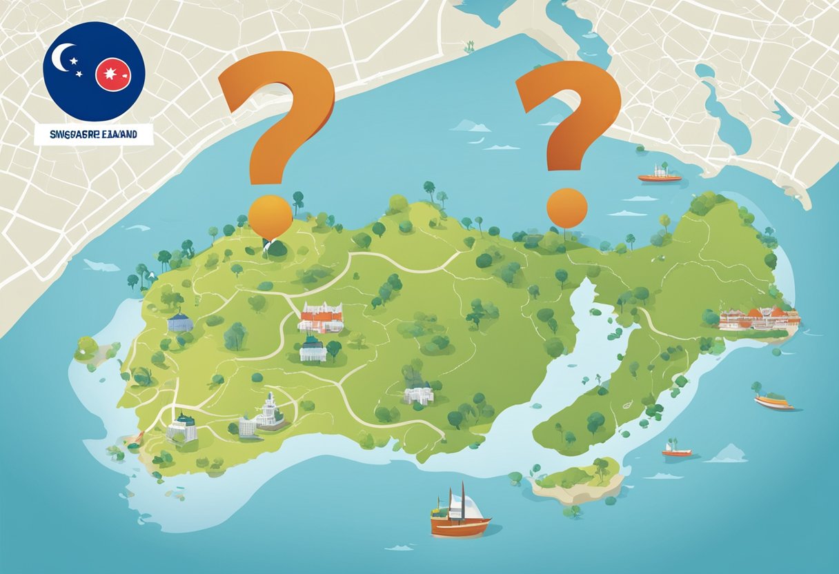 A map of Singapore and New Zealand with a question mark hovering between them