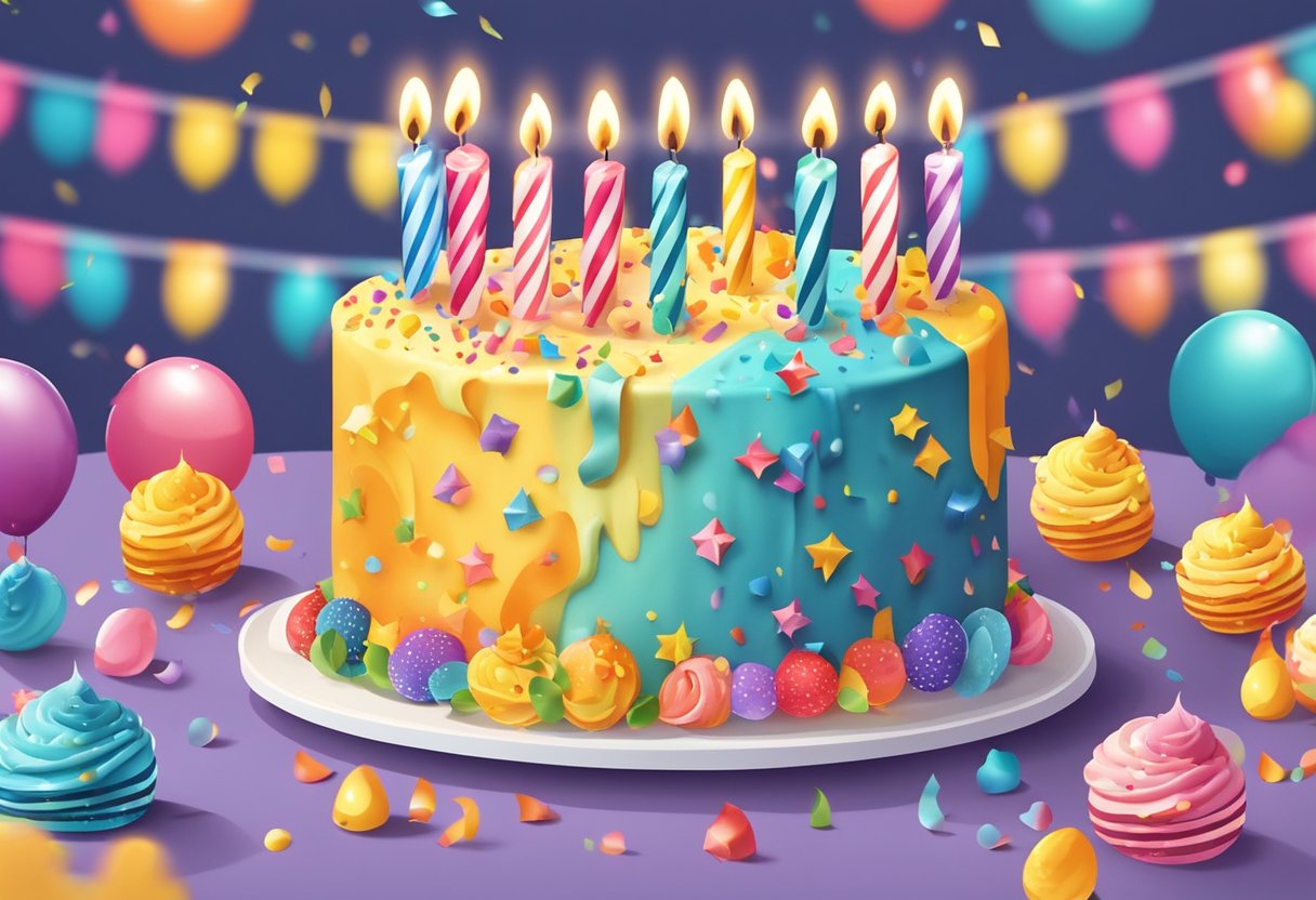 A colorful birthday cake with candles, surrounded by confetti and party decorations, sits on a table in Singapore