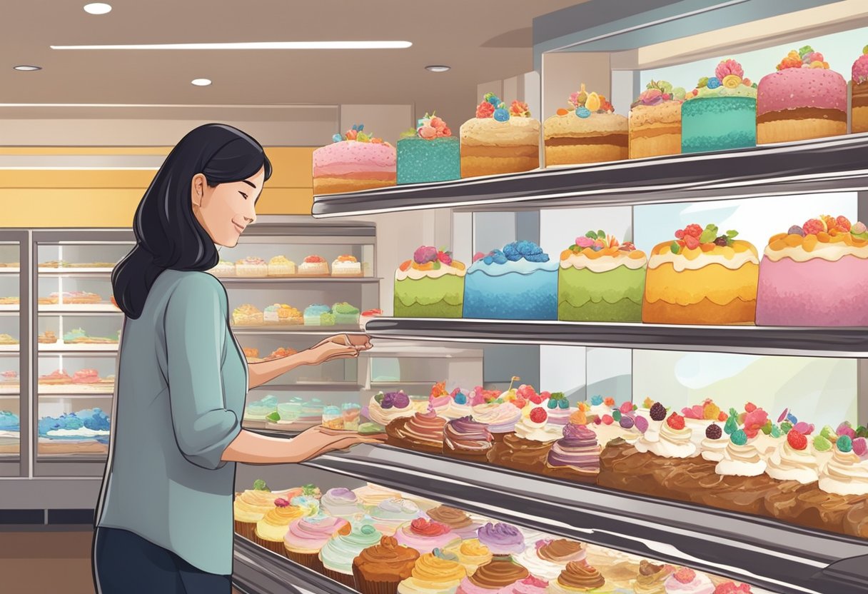 A person selecting a birthday cake from a display of beautifully decorated cakes in a Singapore bakery