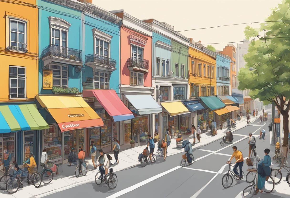 Busy street with colorful shophouses and people walking. Iconic crumpler store sign above the entrance. Bicycles and scooters parked along the sidewalk