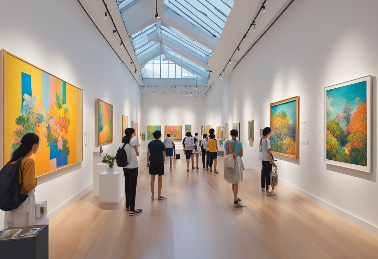 Vibrant art pieces fill a spacious gallery in Singapore, with colorful paintings and sculptures on display. The room is well-lit, and visitors can be seen admiring the artwork