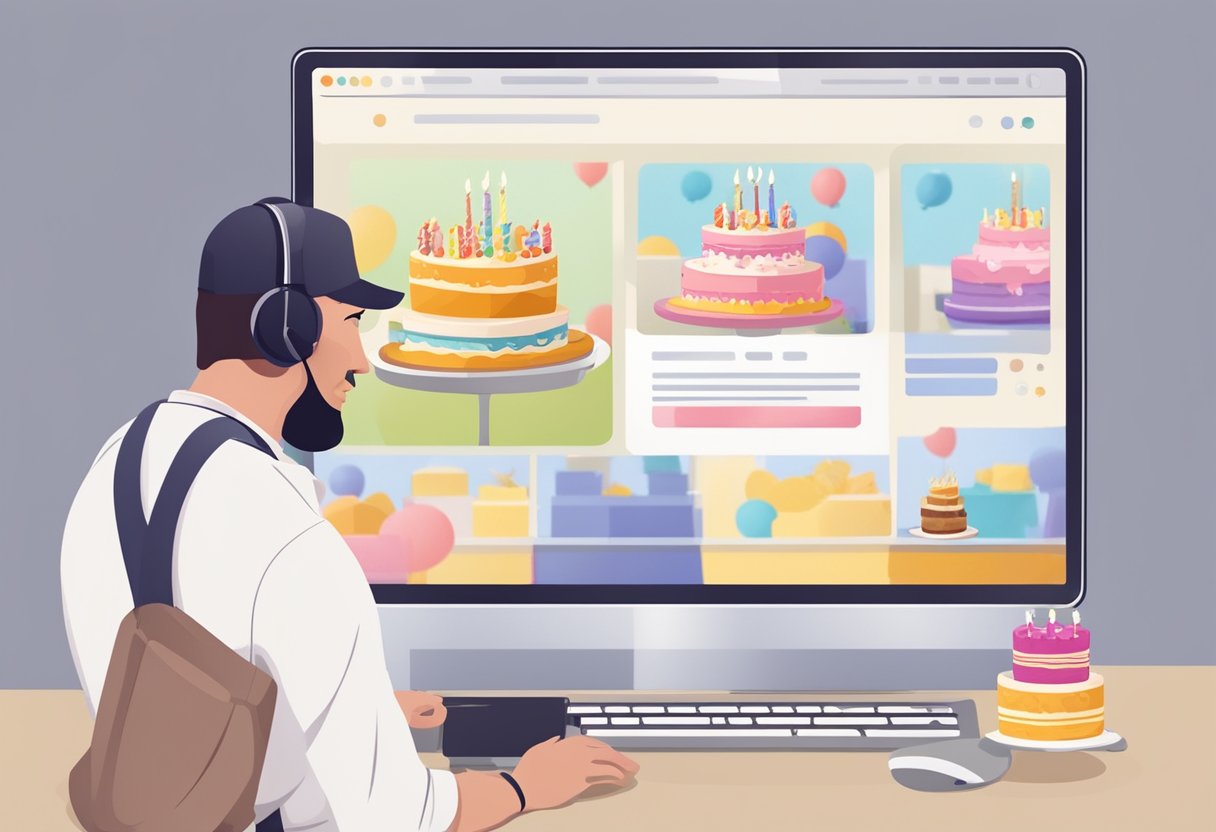 A customer placing an order for a birthday cake online, with delivery details and address inputted on a computer screen