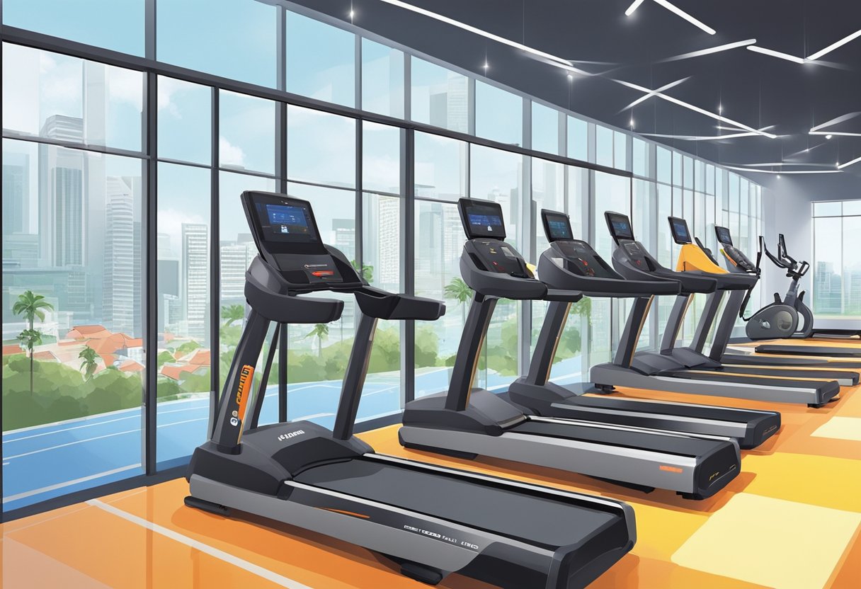 Athletes train in a modern indoor sports facility in Singapore. The space is filled with state-of-the-art equipment and vibrant colors, with the iconic Singapore skyline visible through large windows