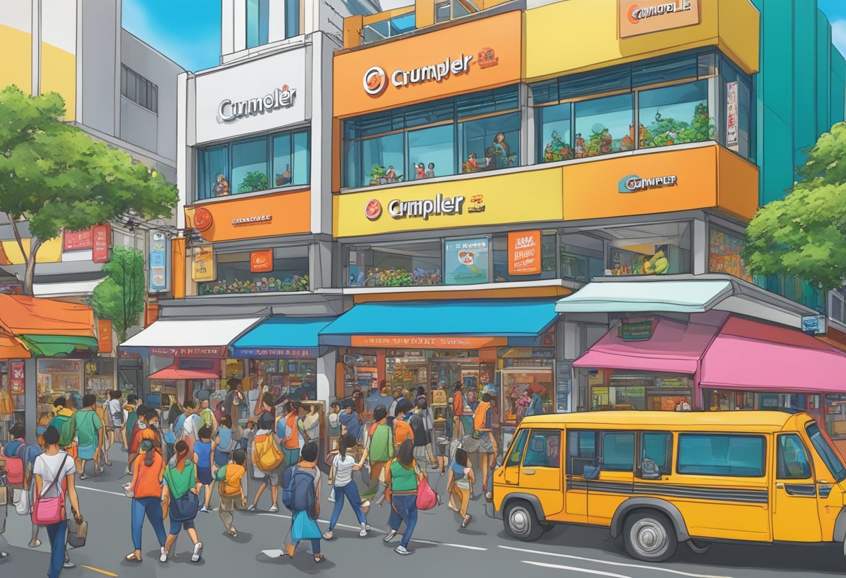 A bustling street in Singapore with the iconic Crumpler store front, surrounded by vibrant colors and bustling activity
