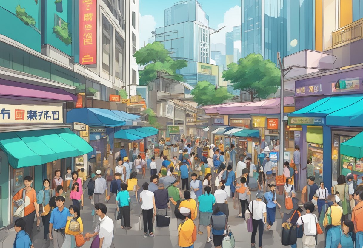 A bustling street in Singapore, with colorful exchange rate signs and busy money changers serving customers from all over the world