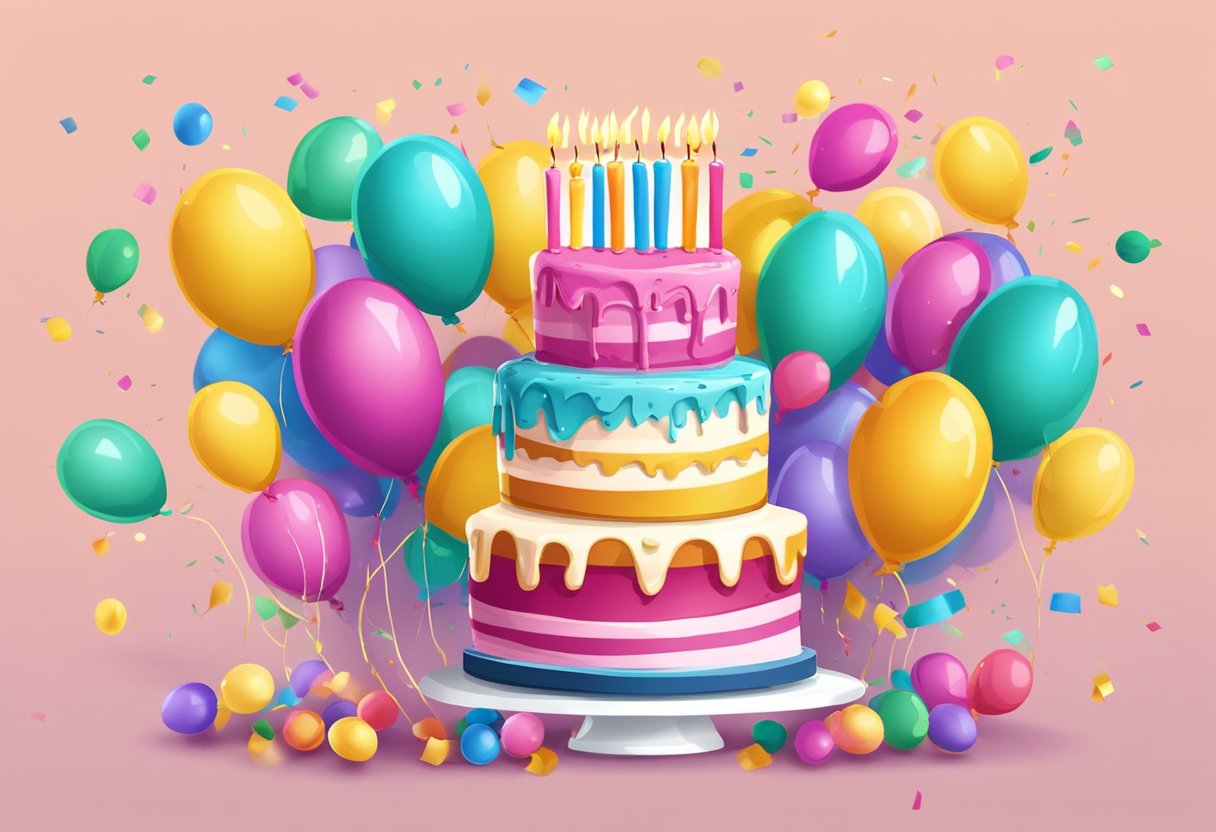 A colorful birthday cake surrounded by balloons and confetti, with the words "Frequently Asked Questions" written in bold lettering on top
