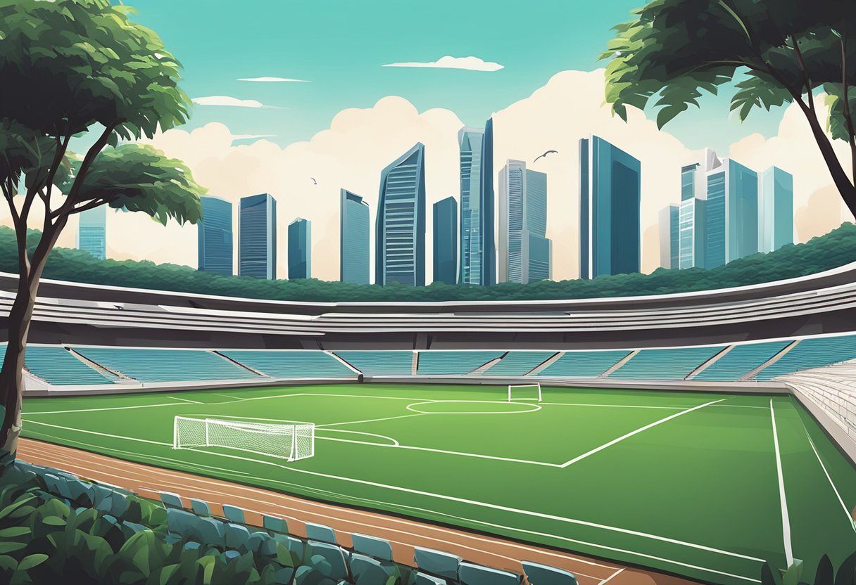 A football pitch in Singapore with iconic landmarks in the background, contrasting with a similar scene in Guam