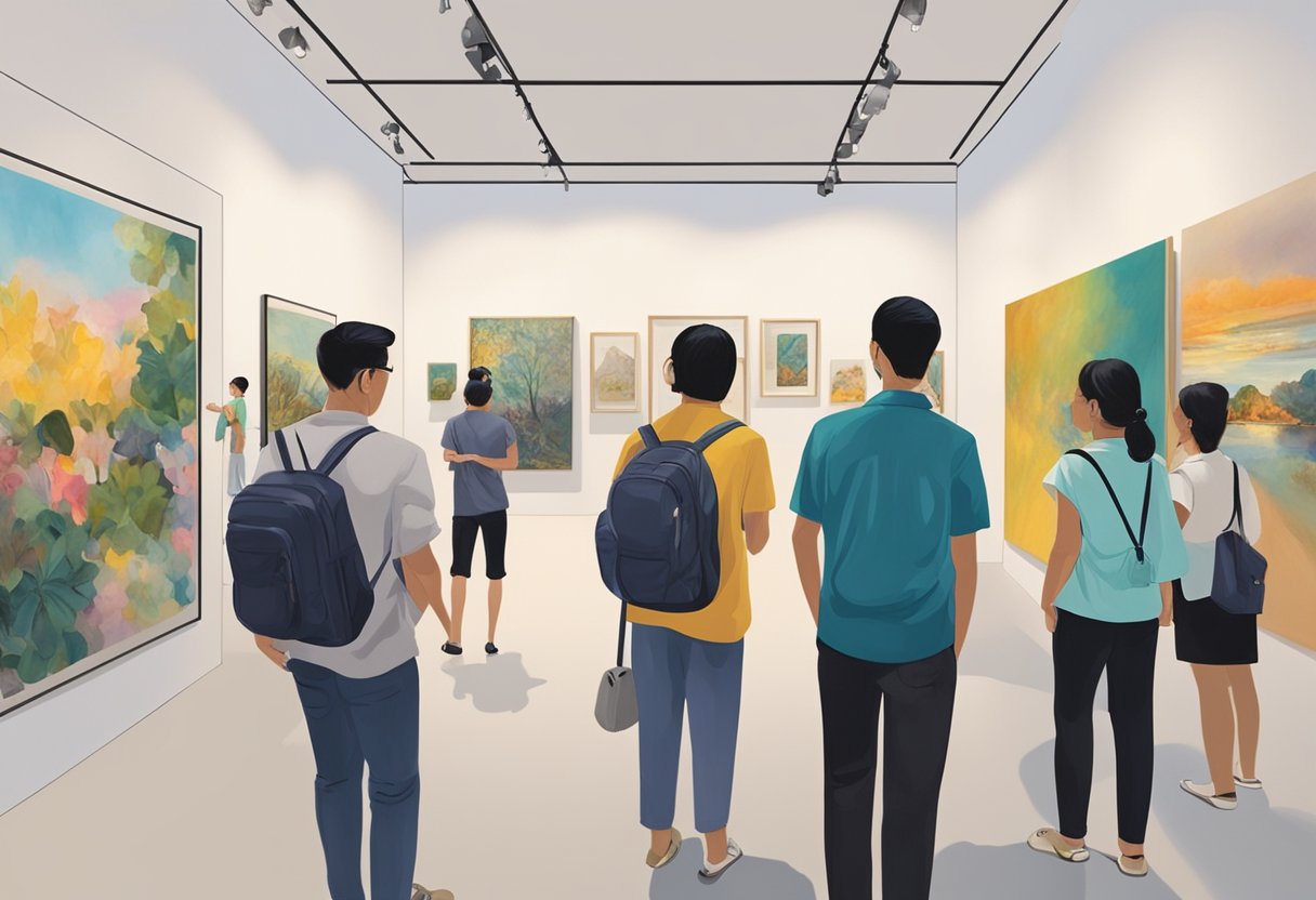 Visitors admiring diverse artworks at Singapore art exhibition