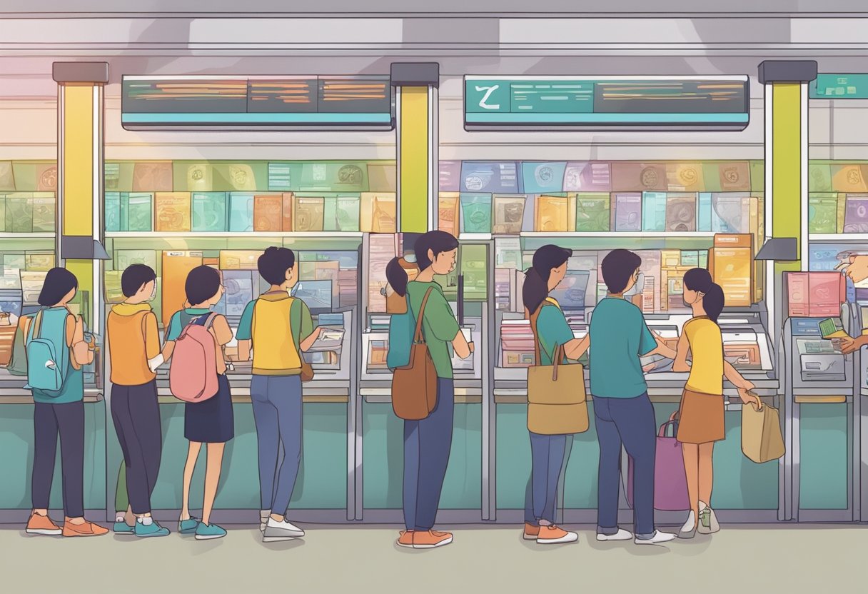 Travelers exchanging currency at a bustling cash exchange counter in Singapore, with colorful currency displayed and people waiting in line