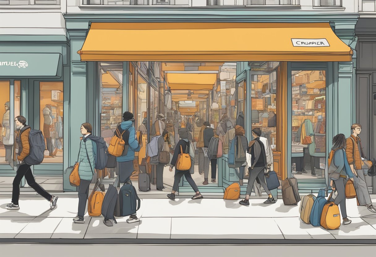 A bustling city street with a prominent Crumpler store front, showcasing a variety of bags and accessories. Pedestrians walk by, some stopping to admire the products on display