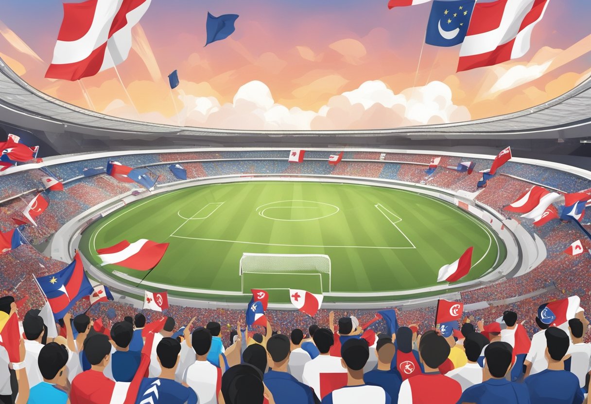 Singapore and Guam flags waving in the wind, surrounded by cheering fans in a packed stadium