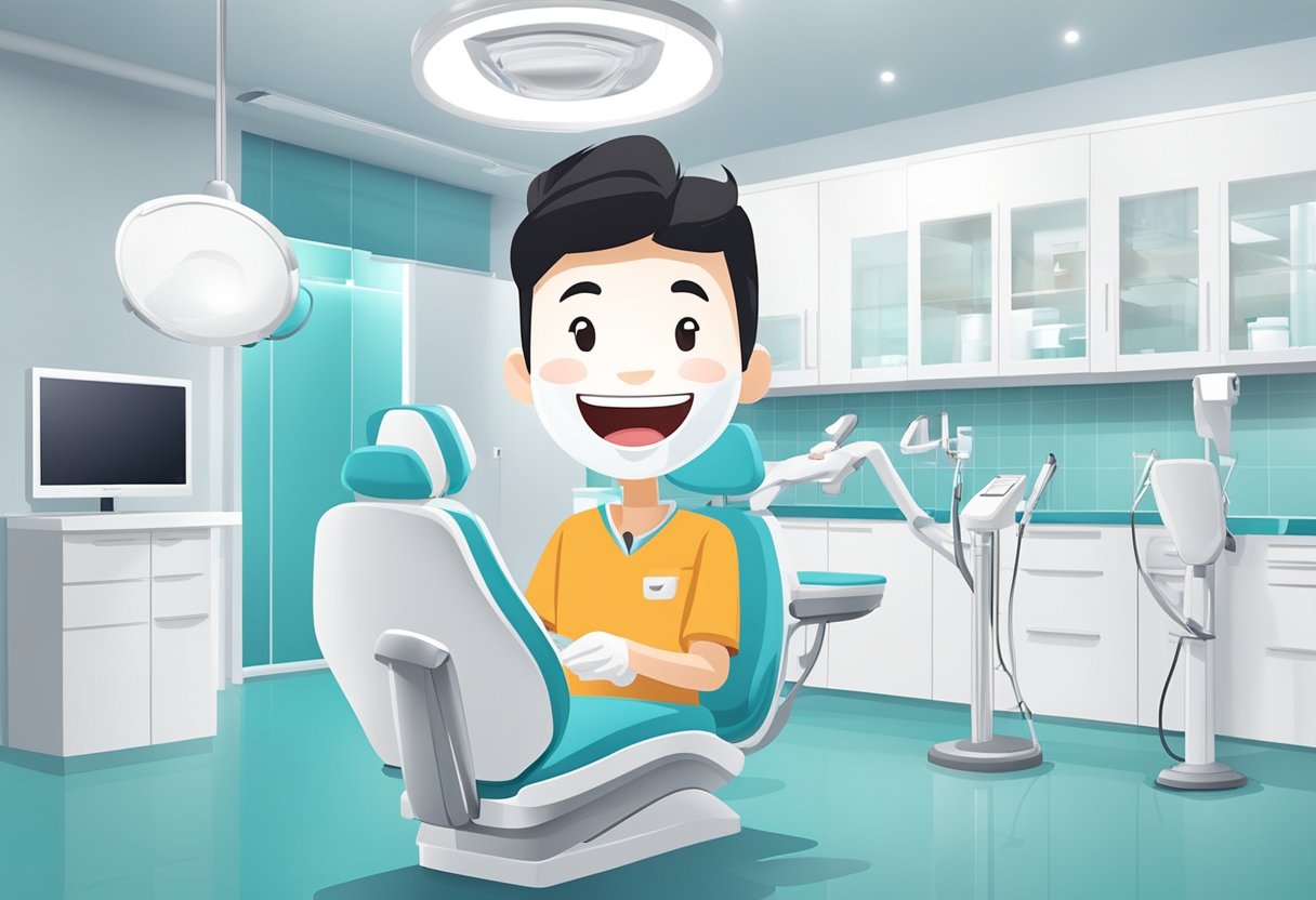 A bright smile emerges in a Singaporean dental clinic, as a teeth whitening treatment is performed, using advanced technology and professional expertise