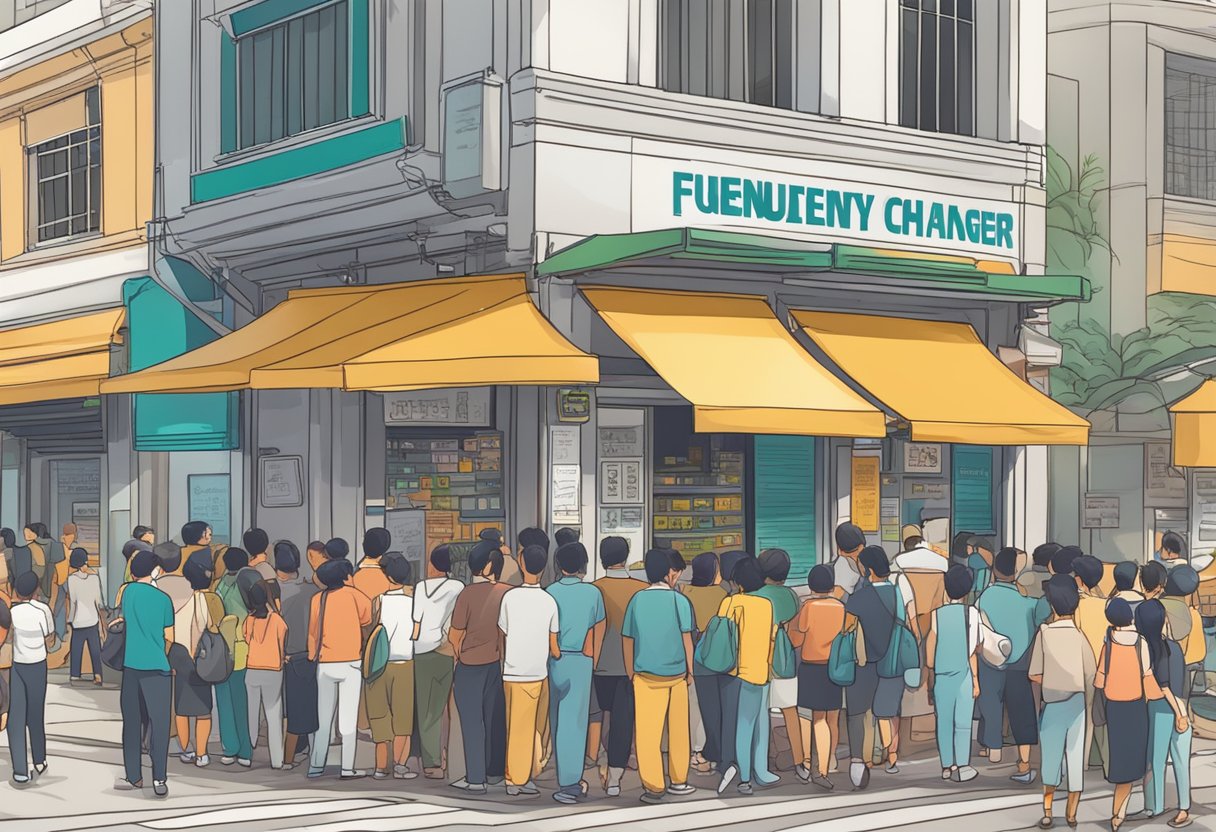 A crowded street in Singapore with a prominent sign reading "Frequently Asked Questions cashchanger" above a bustling currency exchange booth