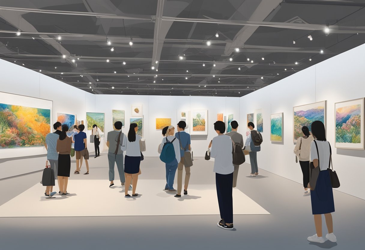 Vibrant artworks fill a spacious gallery, showcasing a diverse range of artistic expressions at the Singapore exhibition