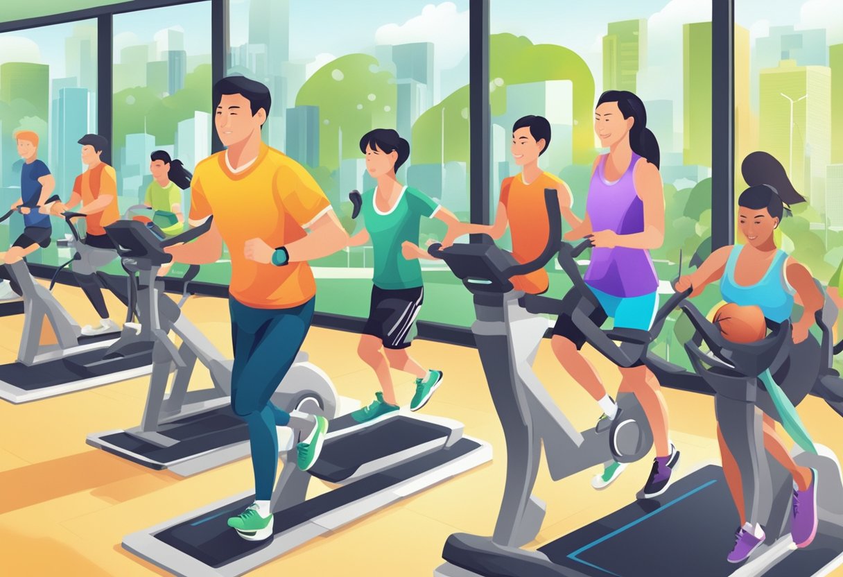 A group of people participating in various sports and fitness activities at a vibrant and dynamic sports facility in Singapore