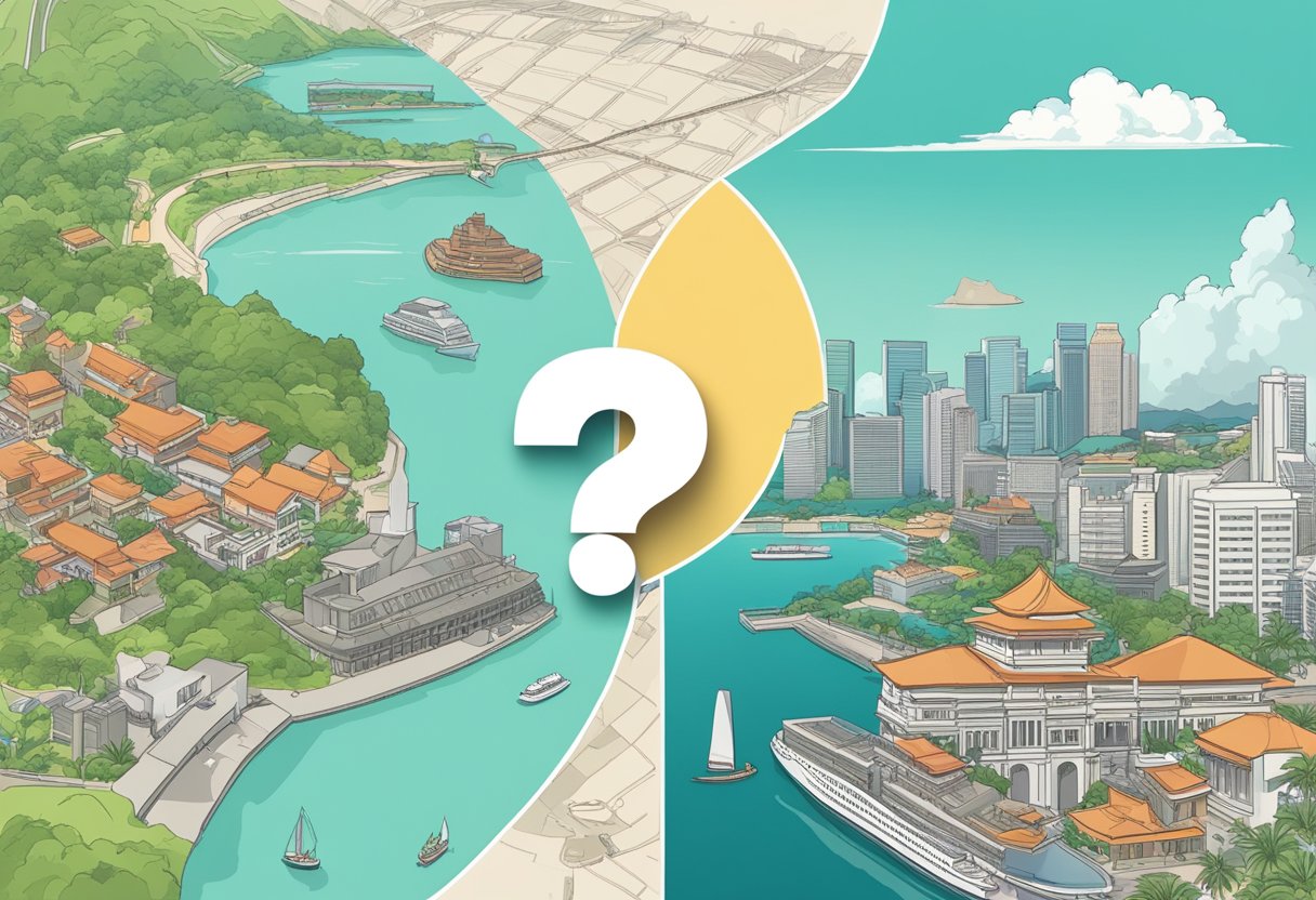 A split-screen showing iconic landmarks of Singapore and Guam, with a question mark hovering between them