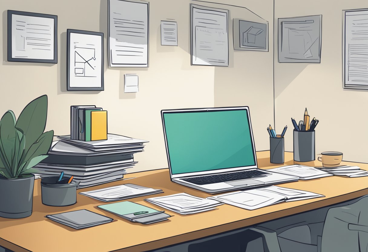 A desk with a laptop, a stack of papers, and a pen. A sign with "Frequently Asked Questions crumpler singapore" on the wall