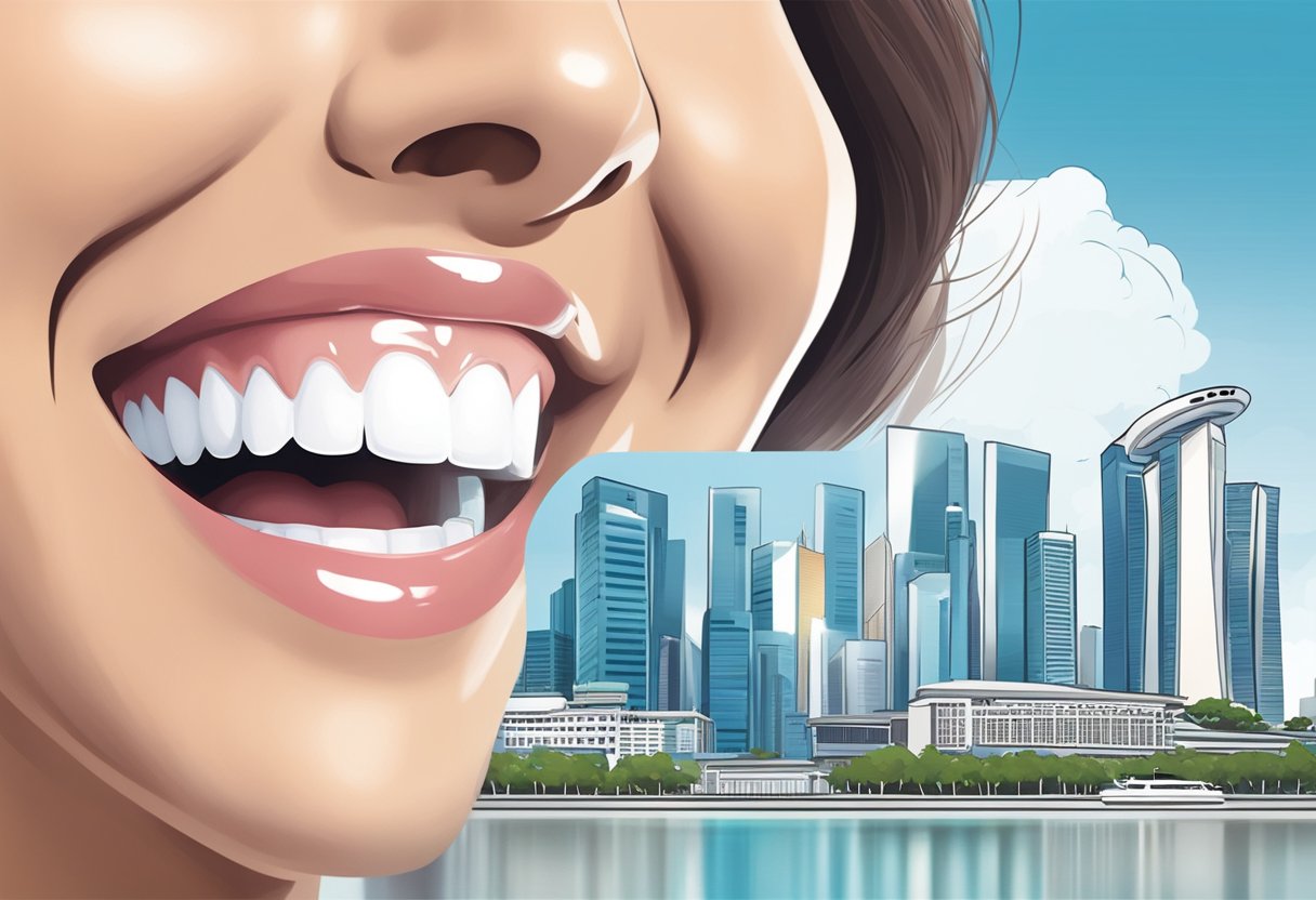 A smiling mouth with bright, white teeth against a backdrop of the Singapore skyline. A tube of teeth whitening gel sits nearby