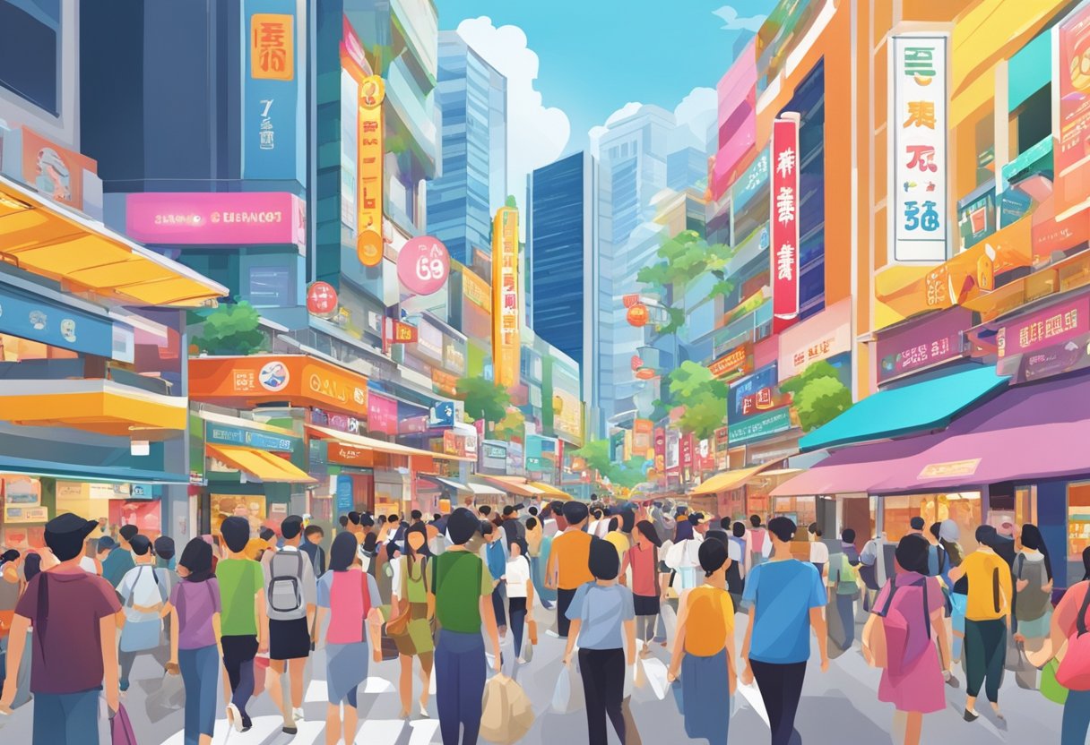 A bustling street in Singapore, with colorful signage and bustling crowds. The iconic Donki store stands out with its bright lights and vibrant displays