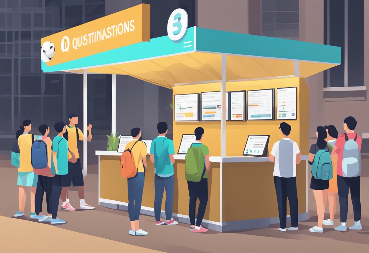 People lining up at a sports information booth in Singapore, with a sign reading "Frequently Asked Questions" prominently displayed