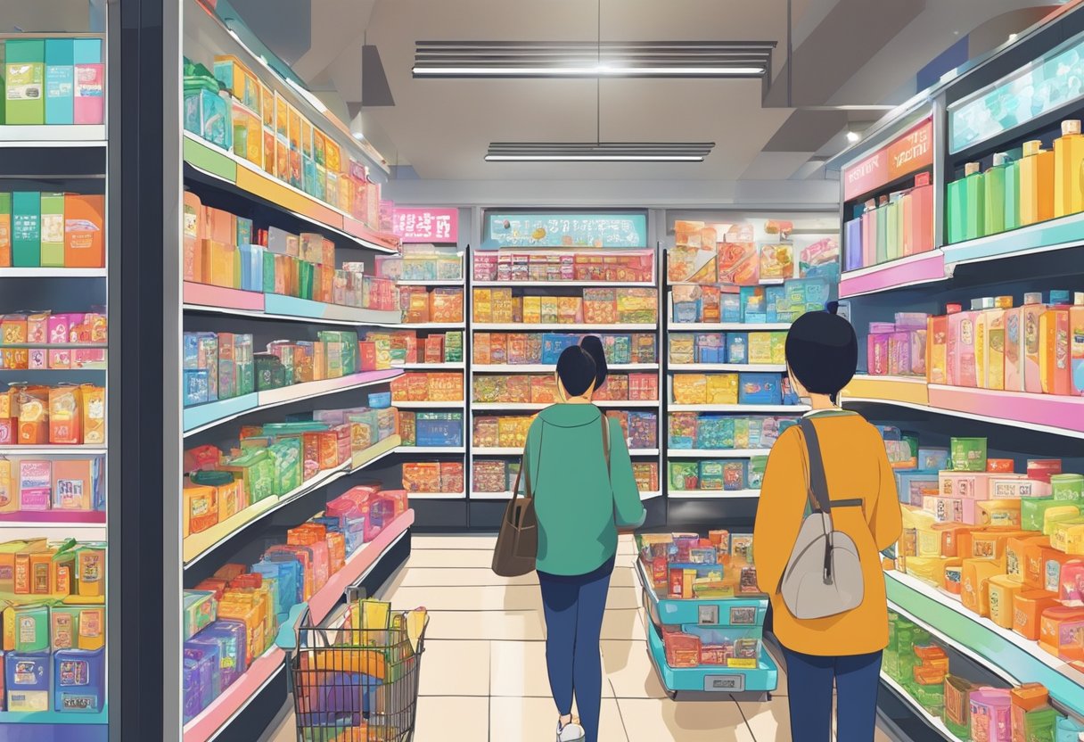 People browsing colorful shelves in Donki Outlets, Singapore. Bright lights illuminate aisles filled with various products. Signs in Japanese and English