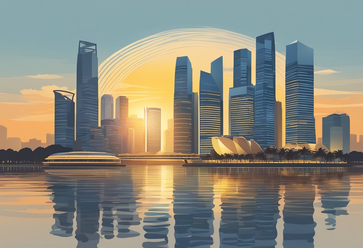 The sun rises over the Singapore skyline, casting a warm glow on the city's iconic landmarks and reflecting off the tranquil waters of the Marina Bay