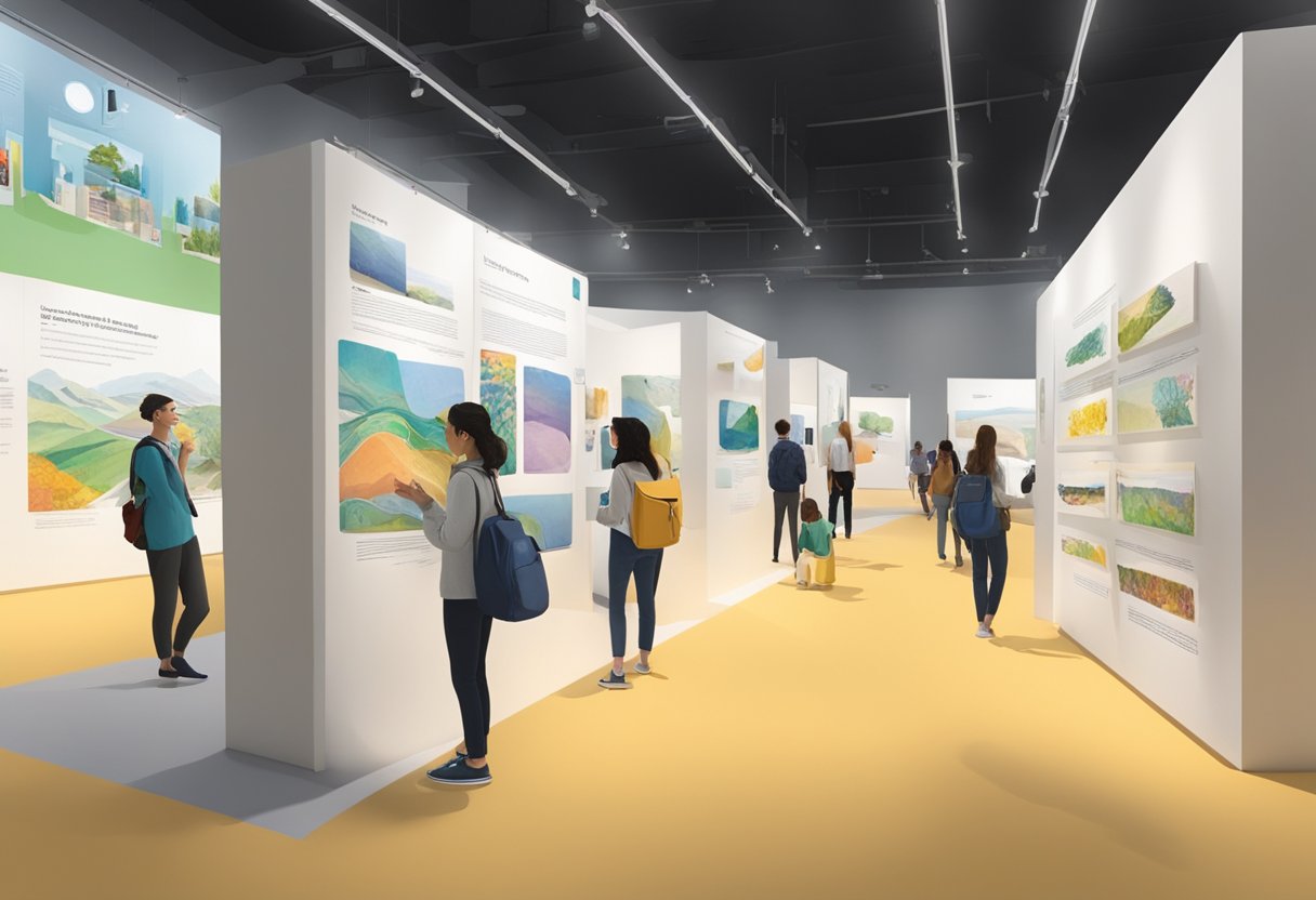 The exhibition space is filled with colorful displays and interactive installations, with visitors engrossed in reading the informative panels and engaging with the various exhibits