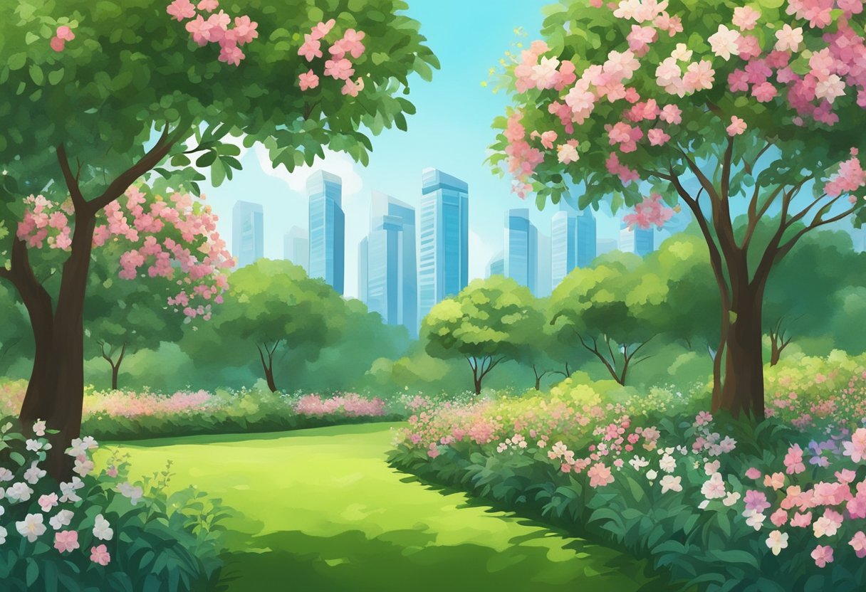 Lush green orchard with vibrant, blooming voco flowers in Singapore. Tall trees, clear blue sky, and a peaceful, serene atmosphere