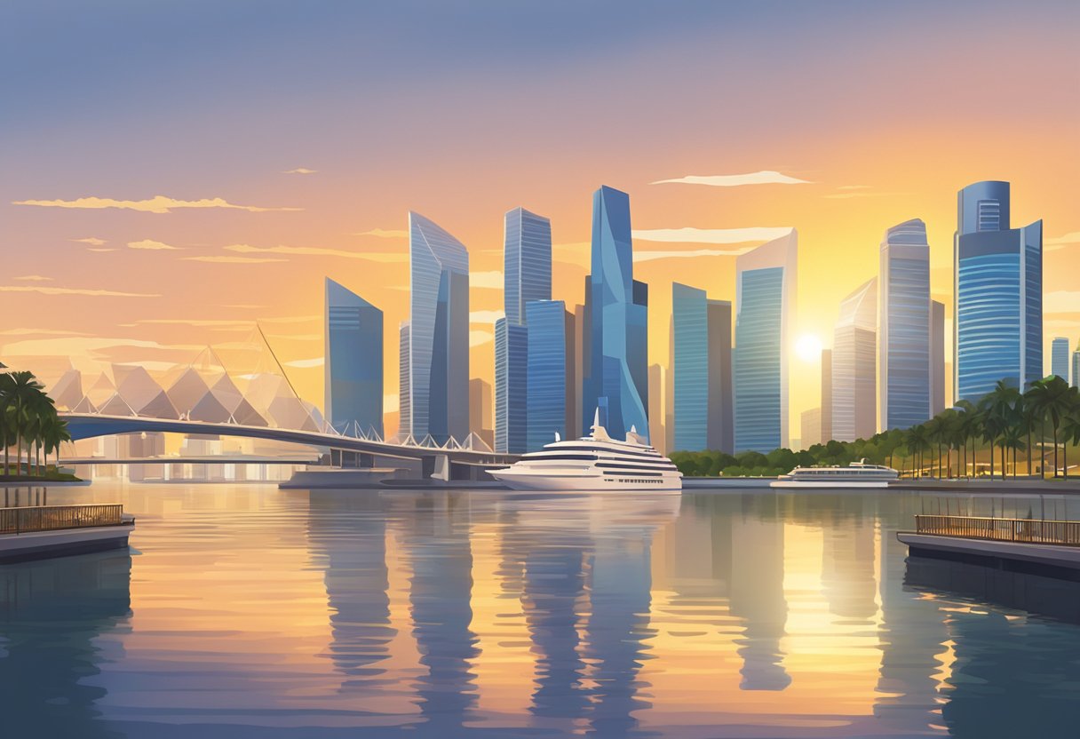The sun rises over the Singapore skyline, casting a warm glow on the city's iconic landmarks and reflecting off the calm waters of Marina Bay