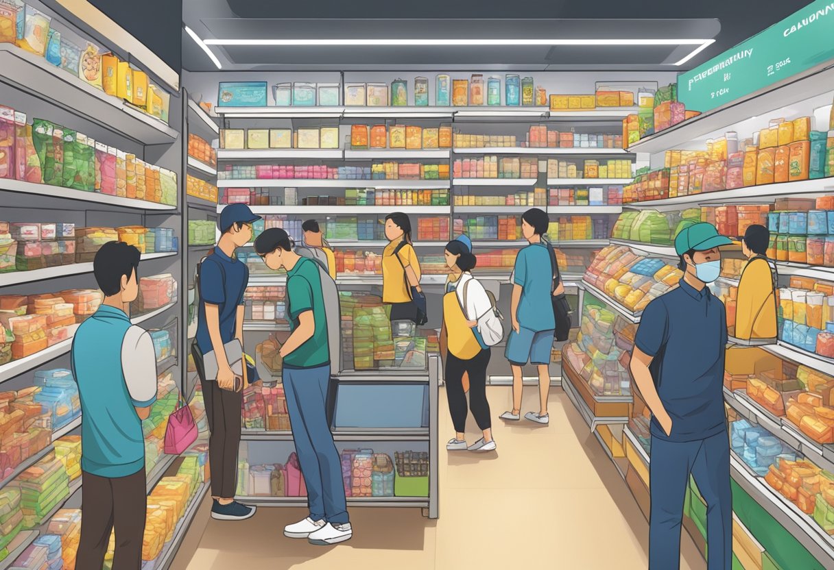 A crowded store with shelves of products, customers browsing, and staff assisting. The store sign "Frequently Asked Questions donki singapore" is prominently displayed