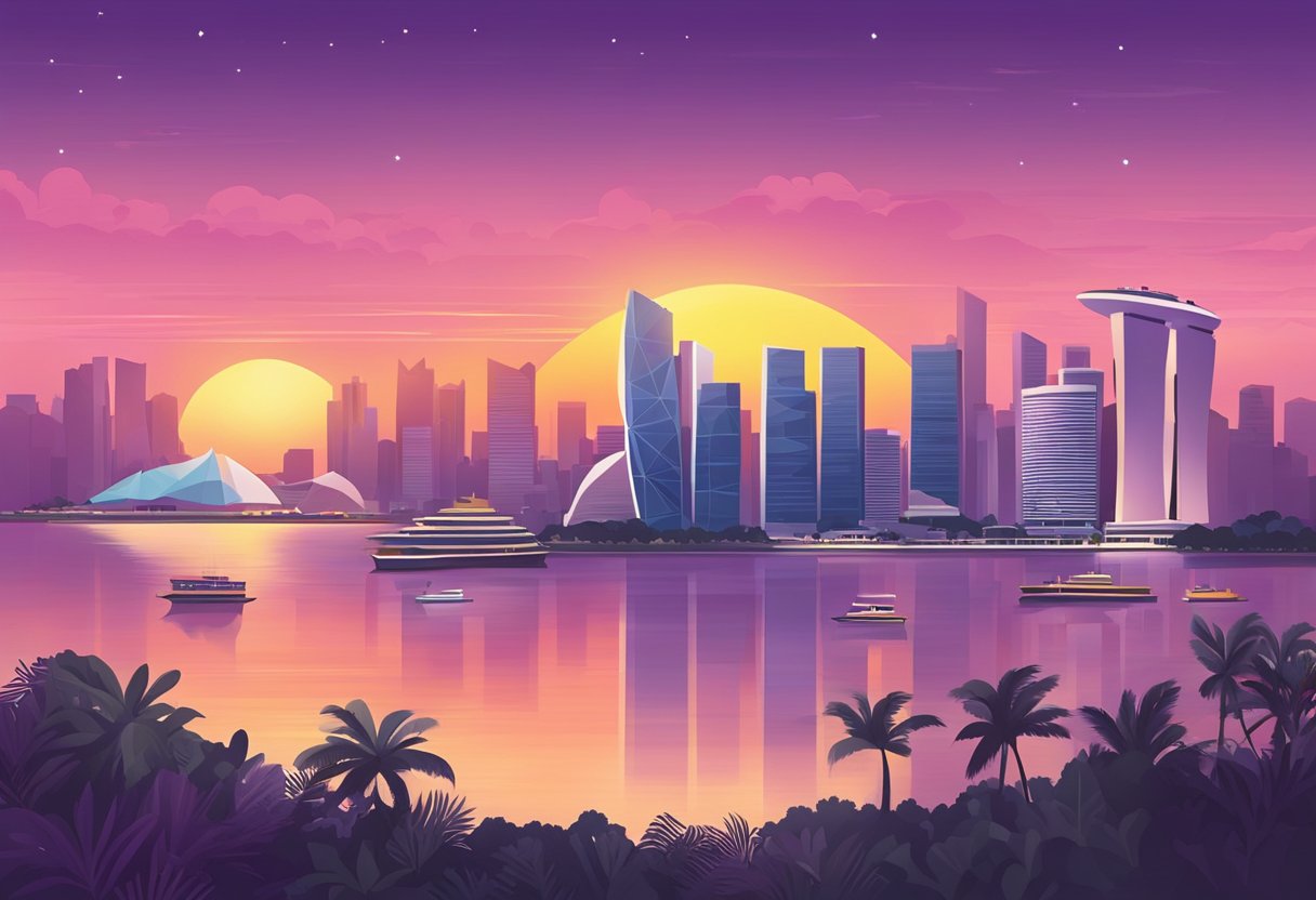 The sun rises over the Singapore skyline, casting a warm glow on the city's iconic landmarks. The sky transitions from deep purples and pinks to a bright, golden hue