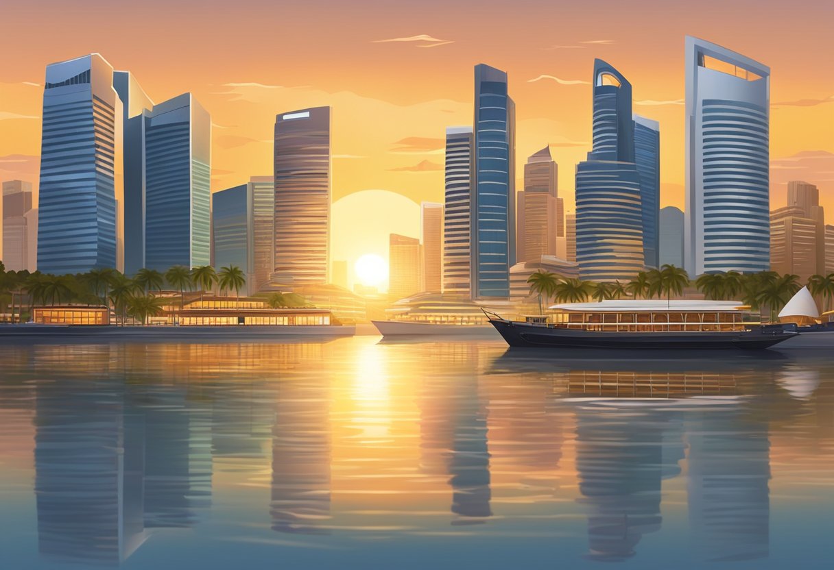 The sun rises over the Singapore skyline, casting a warm glow over the city's iconic landmarks and reflecting off the calm waters of the harbor